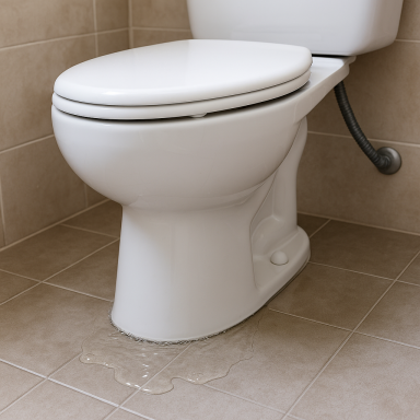 Toilet sur sol carrelé avec une petite flaque d'eau à proximité.