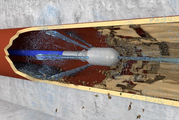 Schéma d'un tunnel avec un dispositif de forage et des éclats d'eau.